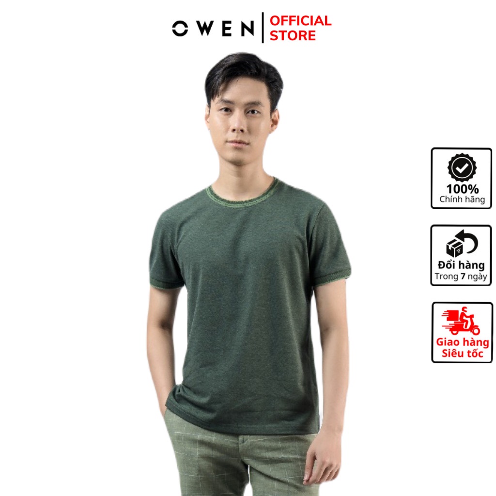 Áo thun nam ngắn tay cổ tròn OWEN TSN220399 phông T-shirt vải cotton cao cấp mềm mát dáng body fit màu đen phối xanh lá