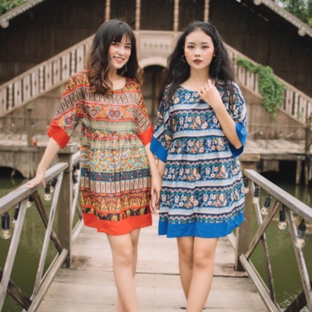 Đầm váy thổ cẩm babydoll boho hoạ tiết