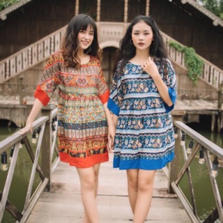 Đầm váy thổ cẩm babydoll boho hoạ tiết (hình thật)