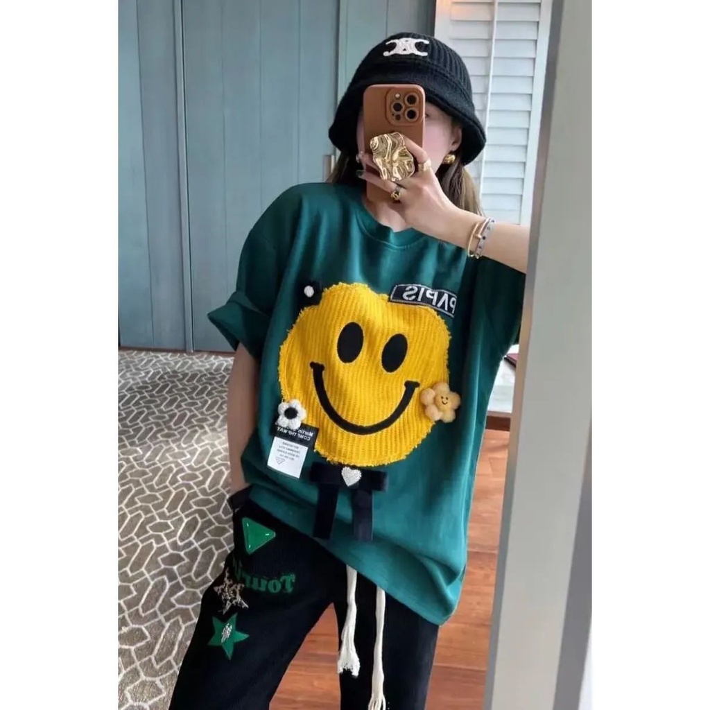 Áo Thun Tay Ngắn Cổ Tròn Màu Trơn In Hình Mặt Cười Hoạt Hình Thời Trang Mùa Hè 2022 Dành Cho Nữ