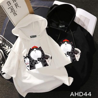 FREESHIP 99K AHD44 Áo thun HOODIE TAY LỠ CÓ NÓN hình team mèo hoàng thượng và chó pub