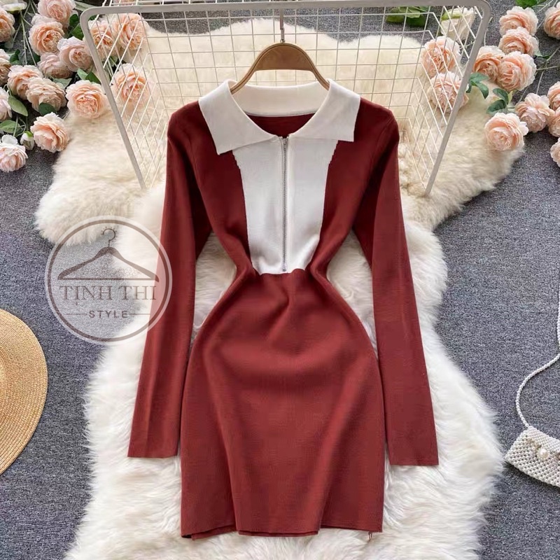 đầm cổ polo dài tay có khoá kéo trước ngực phối màu trắng, đầm body tay dài