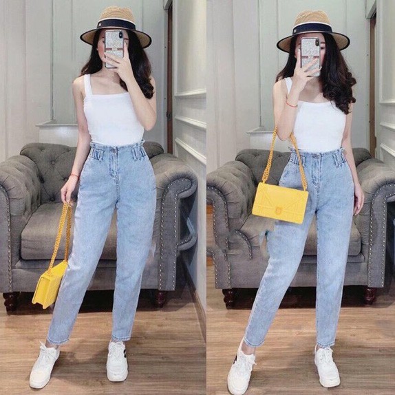 Quần Bò Nữ Baggy Jean, Lưng Thun Cạp Cao Màu Xanh Nhạt Vô Cùng Xinh Xắn - 414