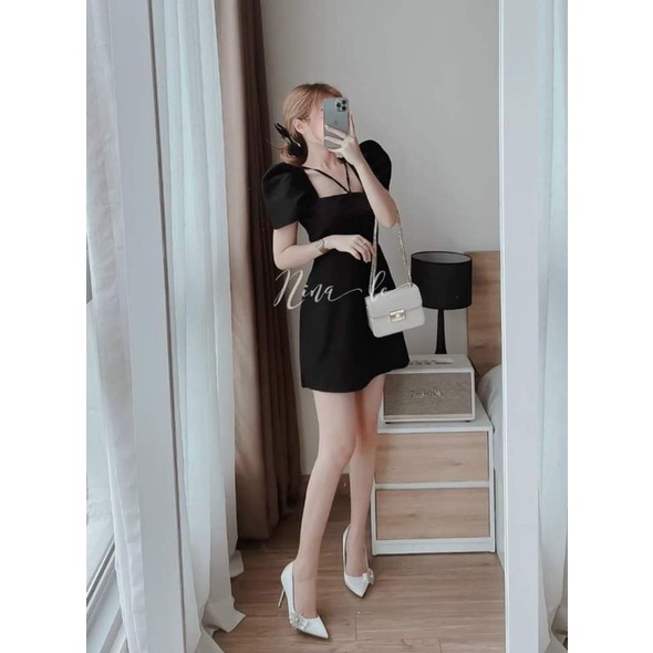 Đầm cổ vuông dây chéo tay phồng