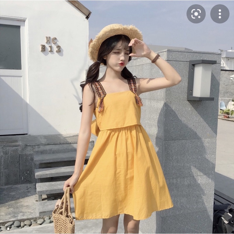 Váy BabyDoll Vàng, Hai dây Bảng Thổ Cẩm