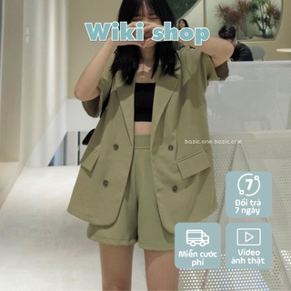 Set áo vest blazer phối quần short cạp cao kaki freesize 2 món đen be xanh cốm ulzzang hàn quốc C957