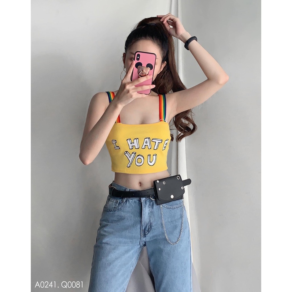 Áo Hai Dây Thun Lụa Form Croptop In Chữ I HATE YOU Kết Hợp Dây Áo Màu Cầu Vồng Hottrend Của Năm TTS0679