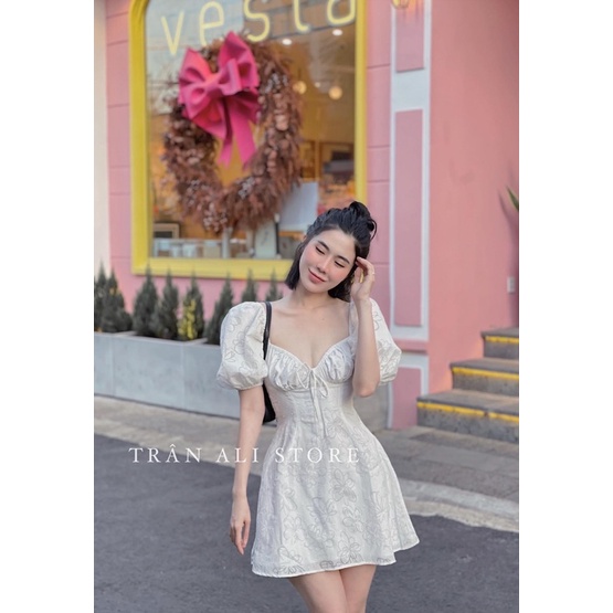 Florence - Đầm vải xô hoạ tiết hoa chìm nhún ngực tay bồng