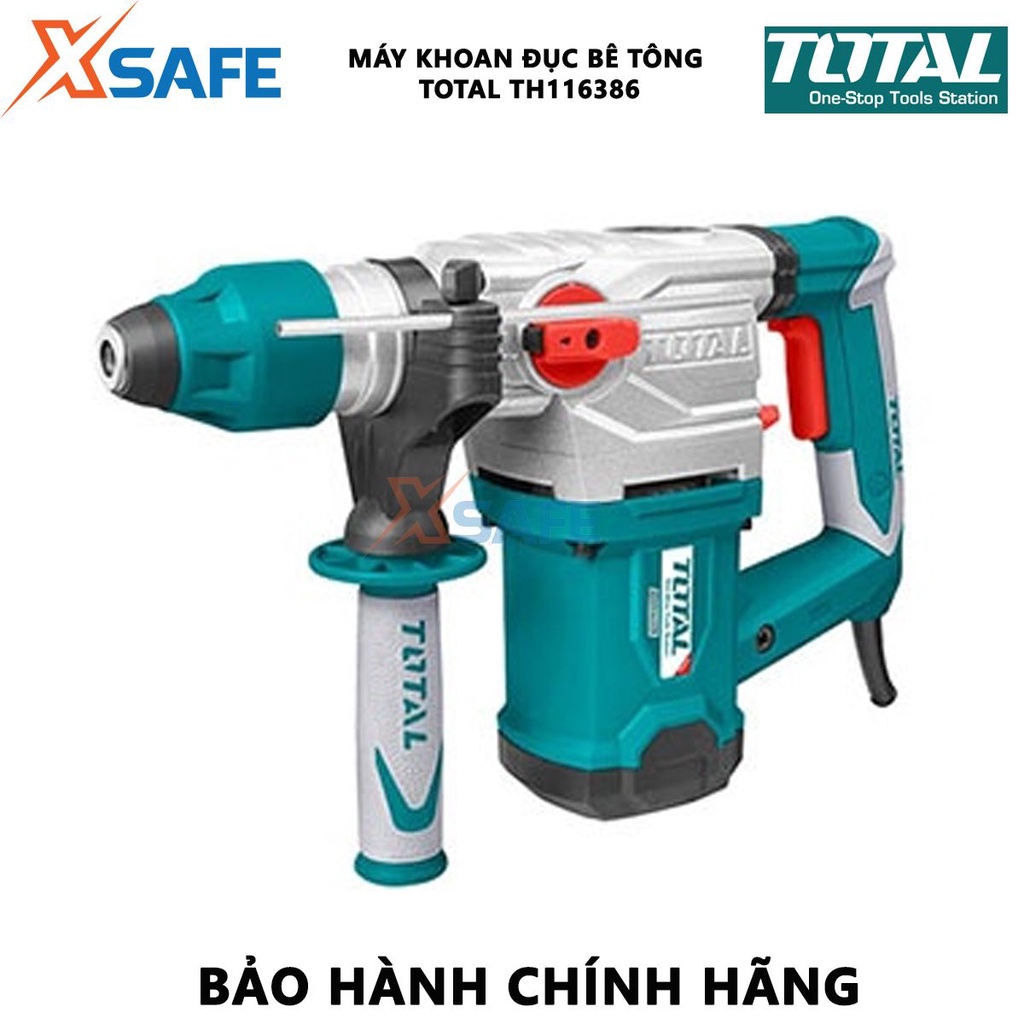 Máy khoan búa cầm tay 1600w TOTAL TH116386 tốc độ 550rpm, tốc độ đập 3850bpm có chế độ chống rung, kèm mũi khoan - xsafe