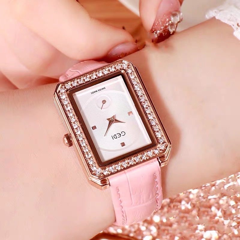 Đồng hồ nữ, GEDI mặt đính đá dây da bền đẹp sành điêu siêu xinh kích thước mặt đồng hồ 28mm