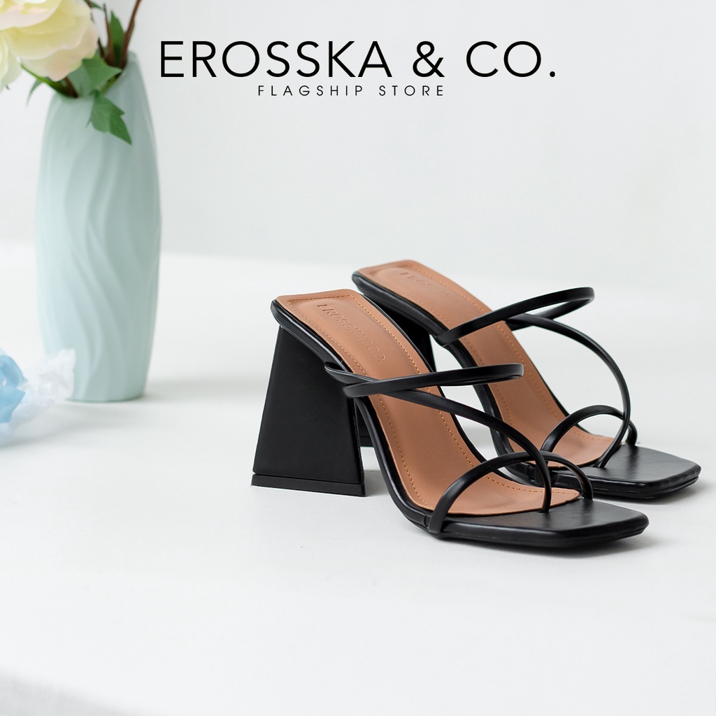 Erosska - Dép cao gót nữ mũi vuông phối quai mảnh cao 9cm màu nâu - EM088