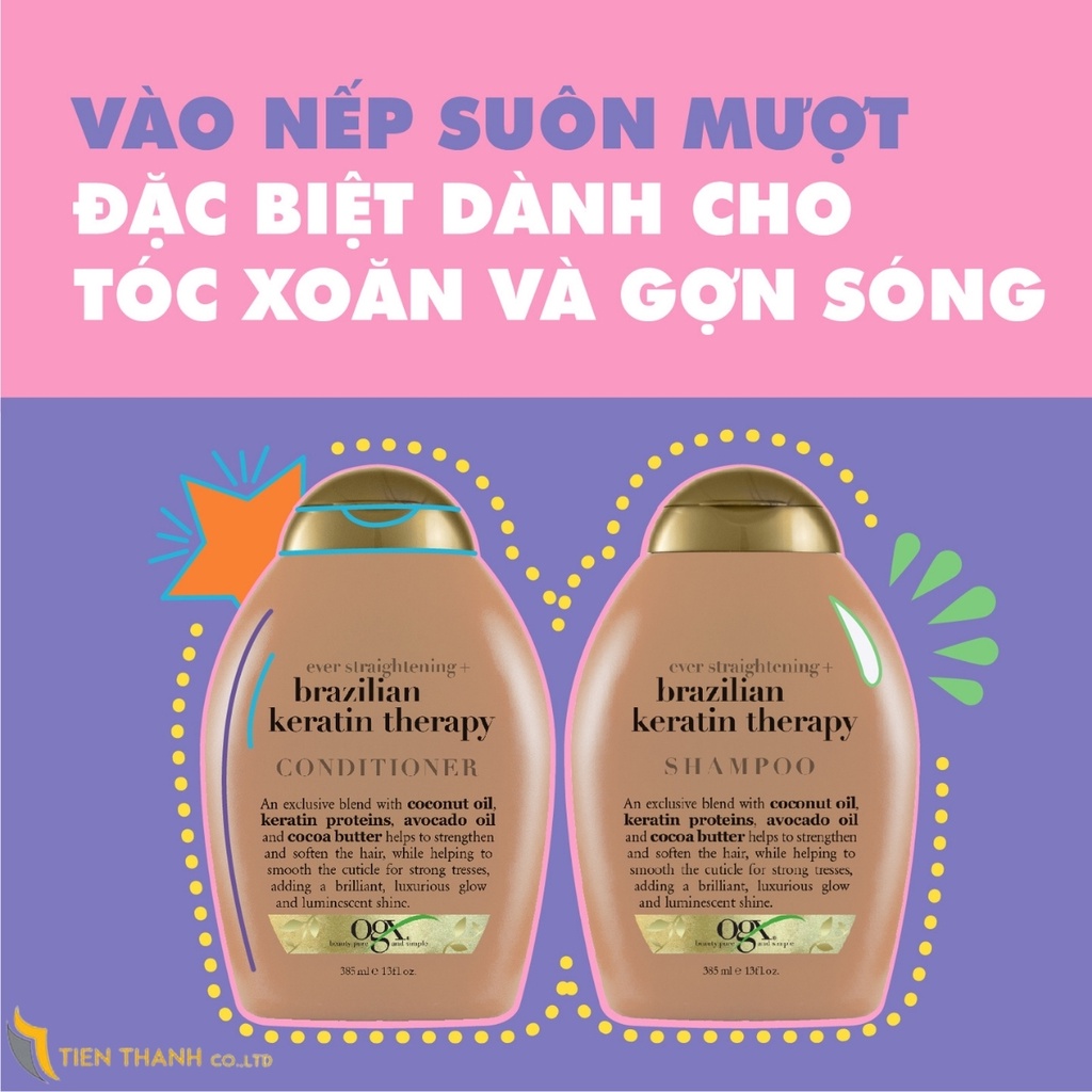 OGX Ever Straightening +Brazillian Keratin Therapy -Cặp gội xả Nâu vào nếp suôn mượt 385ml- Hàng chính hãng.