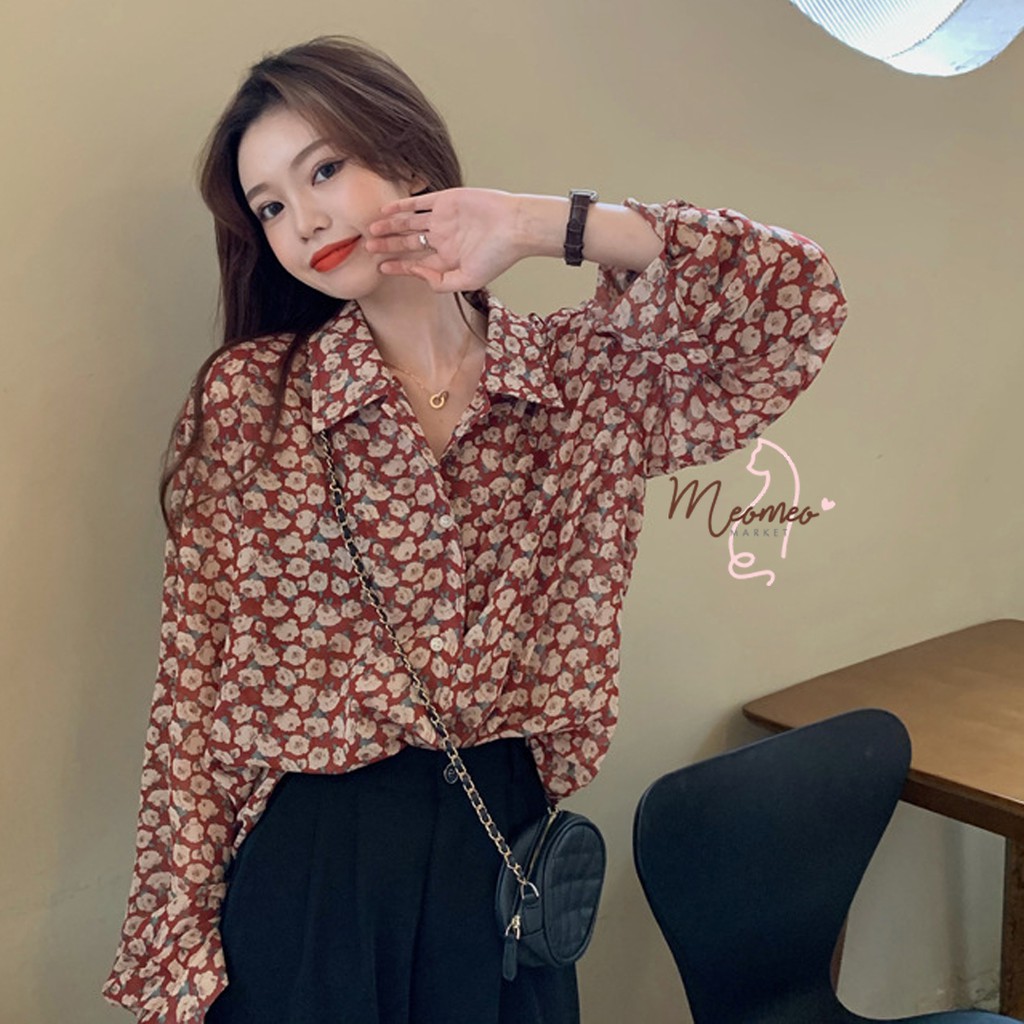 Áo Sơ Mi Nữ Họa Tiết Hoa Nhí - Áo Voan Cát Dài Tay Hoa Nhí Xinh Xắn