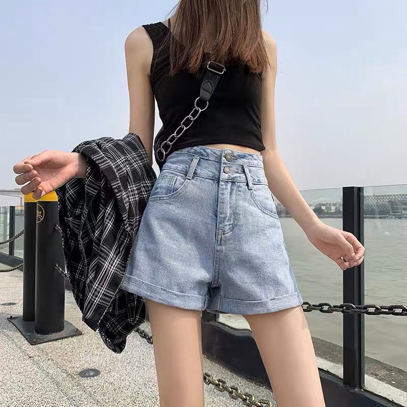 Quần short nữ denim cạp cao ống rộng thời trang Hàn Quốc mùa hè