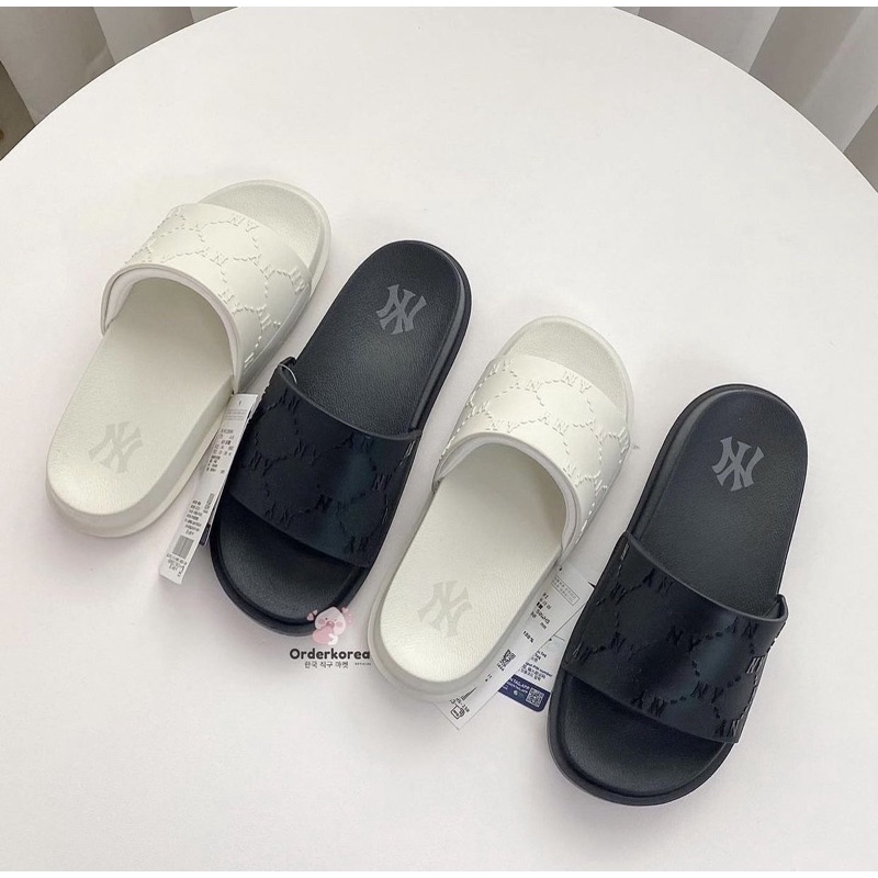 Dép 𝗠.𝗟.𝗕 Chunky Mound Dia Monogram NY Chữ Nổi Quai Ngang Màu Đen Be