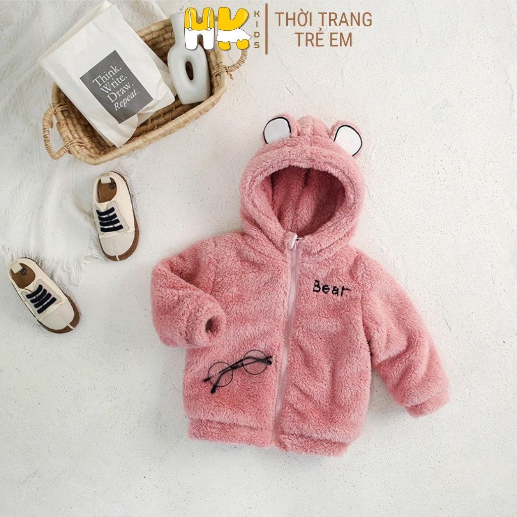 Áo khoác lông cho bé HK KIDS,  lớp lông dày dặn kèm mũ tai gấu xinh xắn cho bé từ 1-6 tuổi