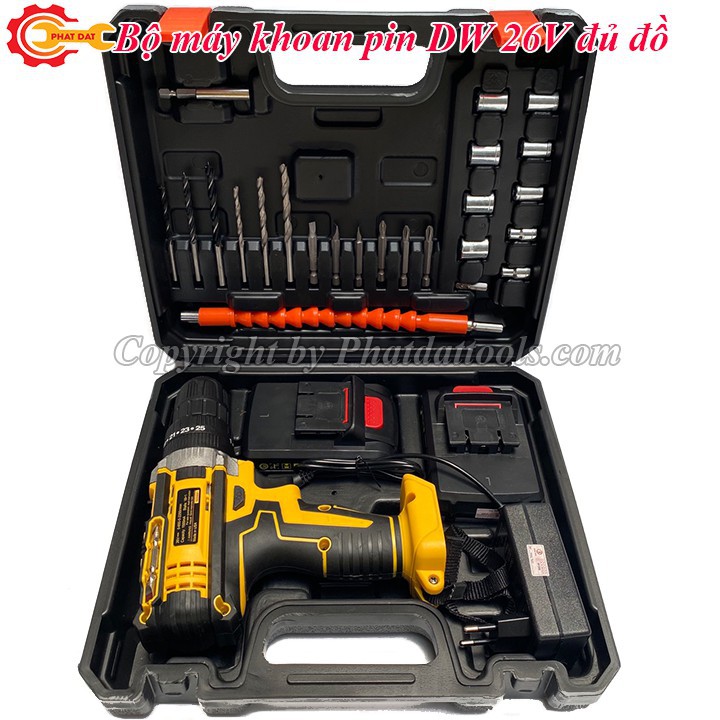 Máy khoan pin có búa DeWALT 26V đủ đồ-Máy khoan vặn vít dùng pin DW 26V 2 pin sạc li-ion-Bảo hành 6 tháng