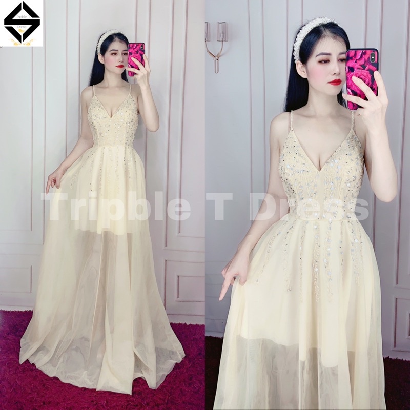 Đầm maxi xòe 2 dây kết đá pha lê ngực cao cao cấp TRIPBLE T DRESS - SIZE M/L - MS83V