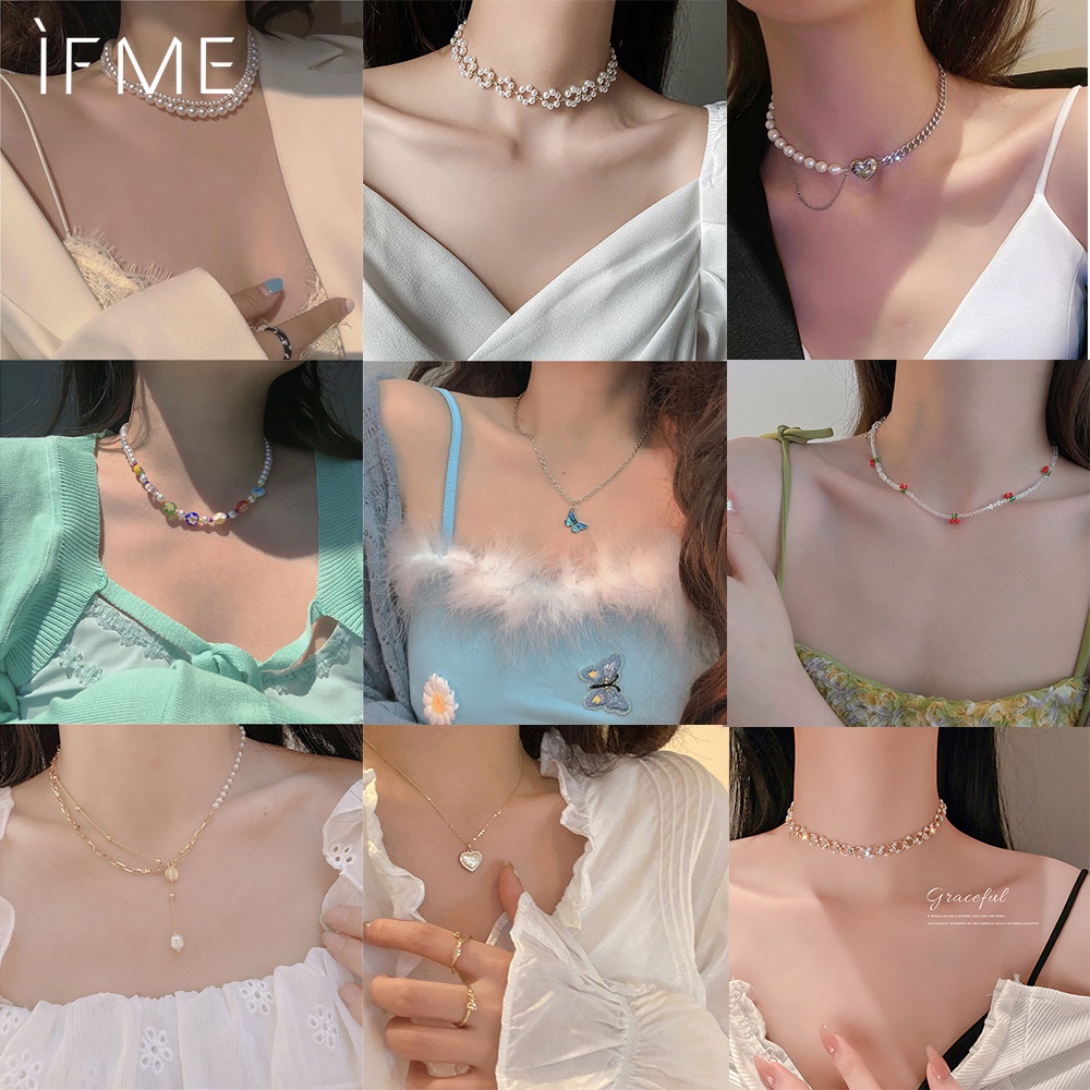 IF ME  Dây chuyền pha lê/ngọc trai nhân tạo/hình hoa/bướm phong cách Hàn Quốc đơn giản thời trang