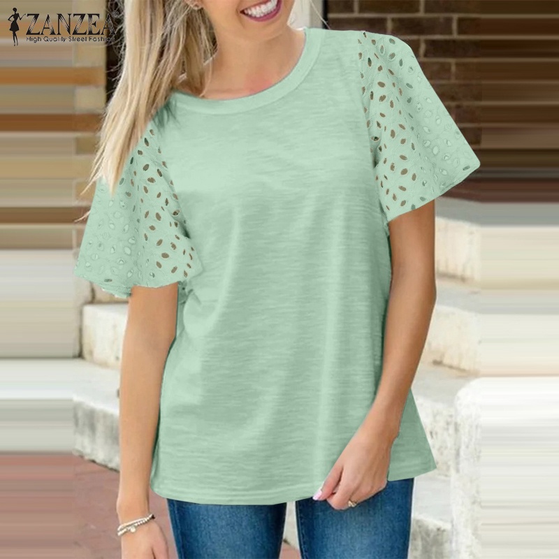 Áo thun dệt kim phối ren ZANZEA màu trơn dáng rộng thời trang đường phố châu Âu cho nữ