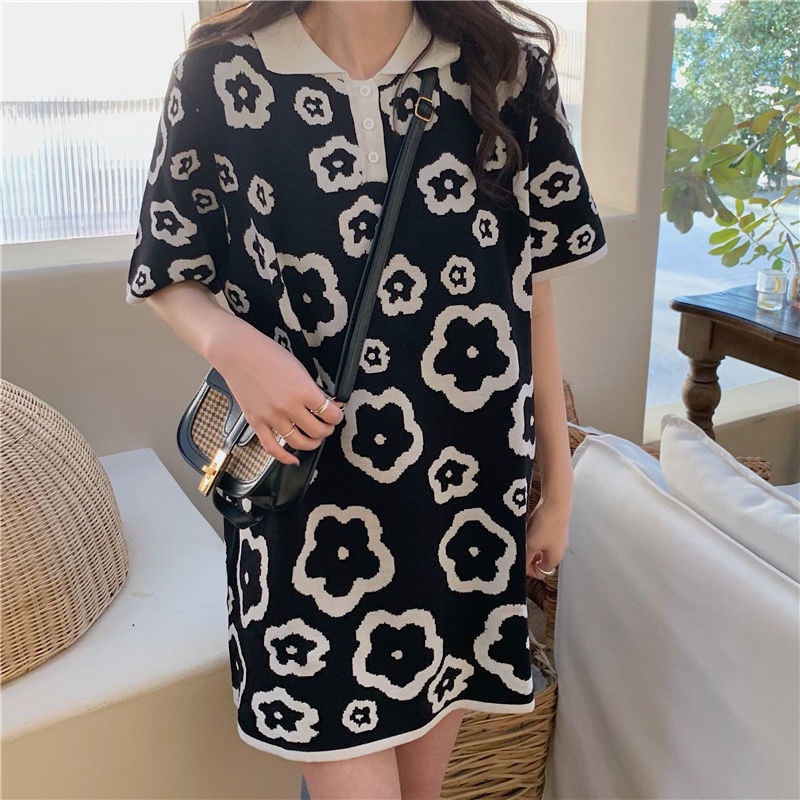 Đầm Thun polo Tay Ngắn Dáng Rộng Phong Cách retro Dành Cho Nữ