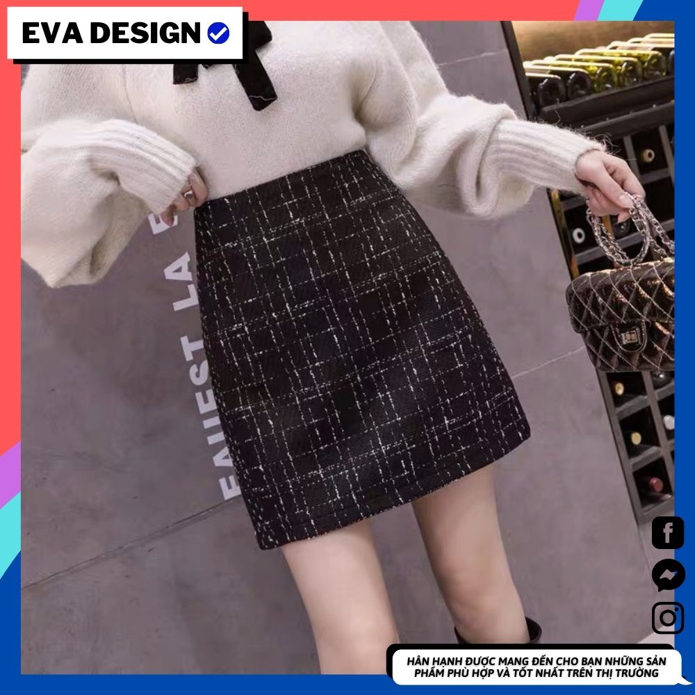 Chân váy ngắn dáng chữ A hot trend Eva design , chất vải dạ tweed màu đen kẻ sọc có quần trong siêu xinh