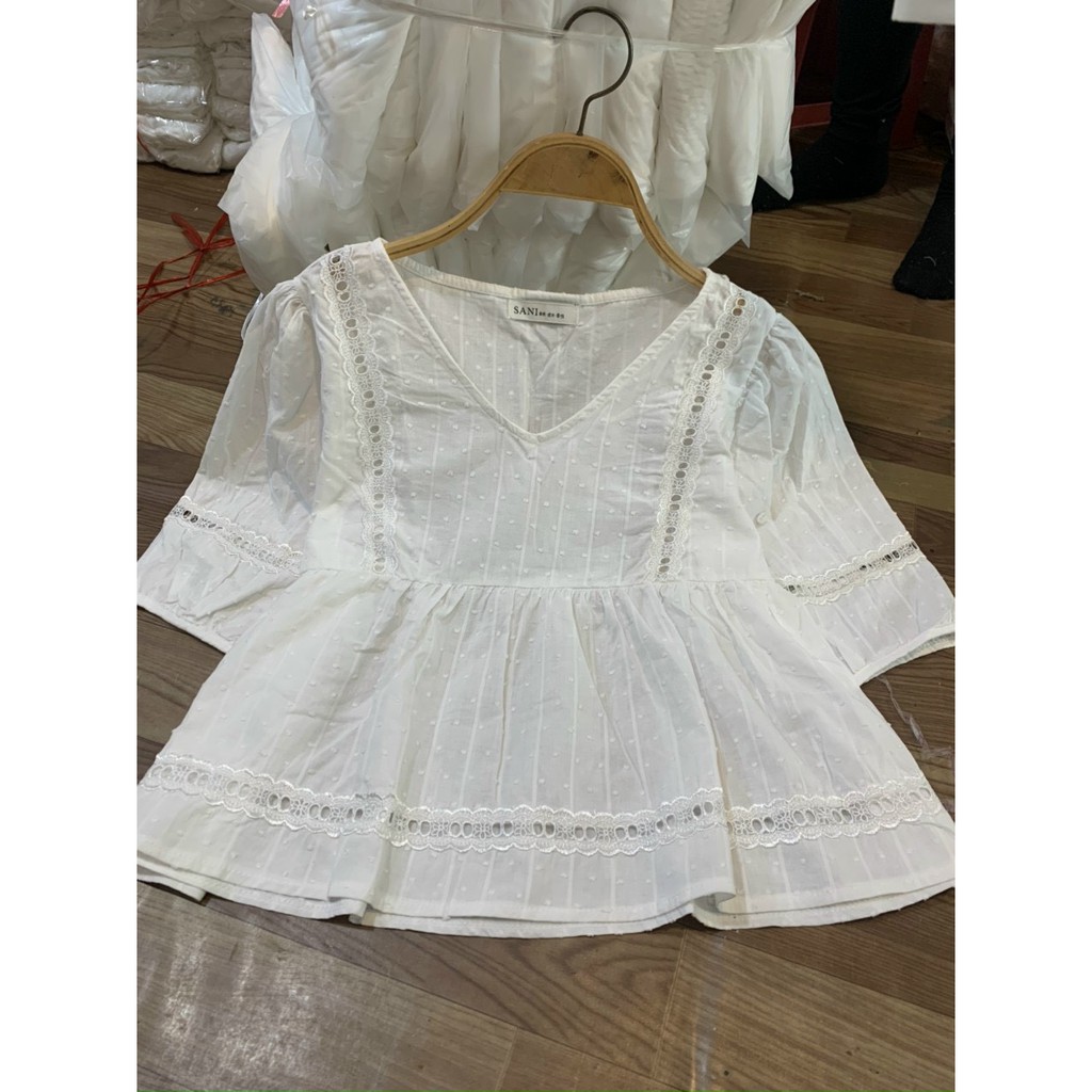 Áo Sơ Mi Trắng  babydoll Cổ Tim Hạt Gạo , áo sơ mi tay lỡ phối ren cổ tim