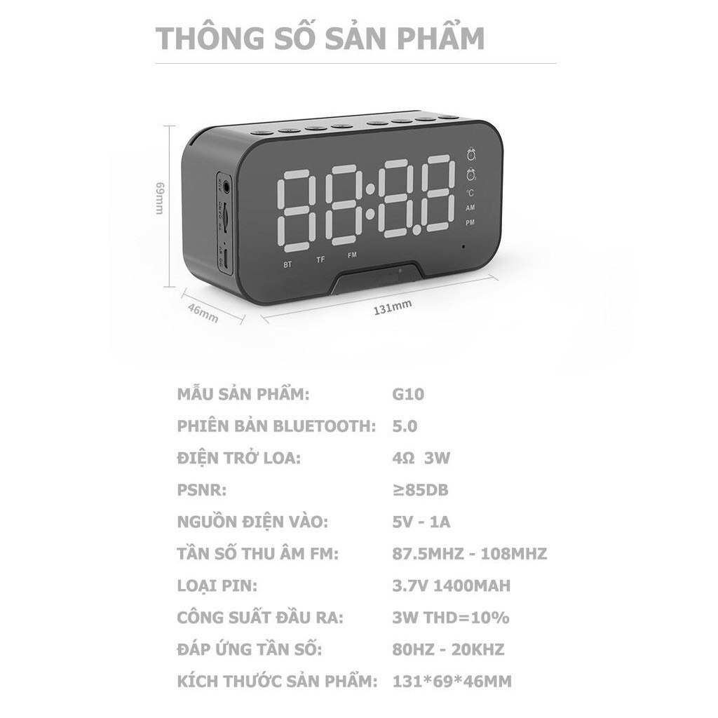 Loa bluetooth AMOI G5 nghe đài FM kiêm đồng hồ báo thức đèn ngủ màn hình soi gương