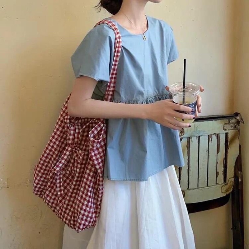 Sale xả kho Set áo babydoll xanh và chân váy dài vintage