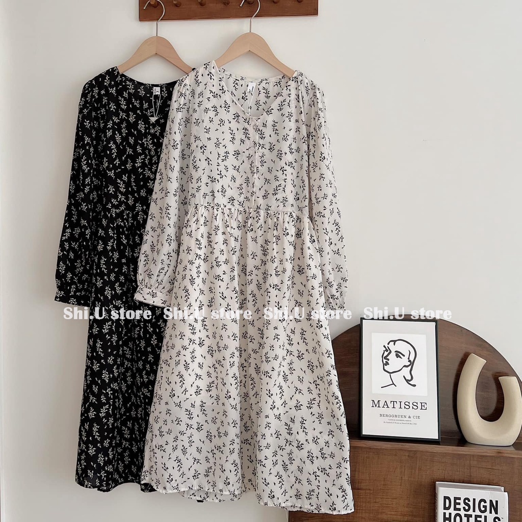 Váy babydoll hoa nhí dài tay dáng dài cổ V tay bồng chất lụa mát 2 lớp ulzzang