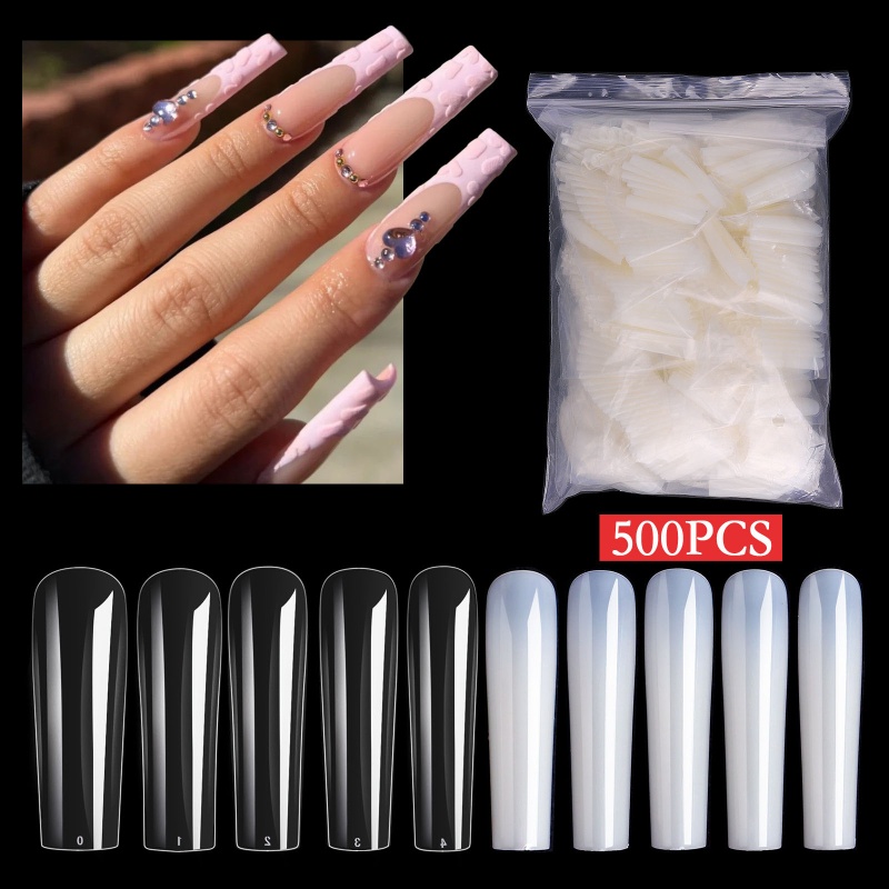 Set 500 Đầu Móng Tay Giả XXL Dạng Nhấn Dài Trong Suốt Tự Nhiên