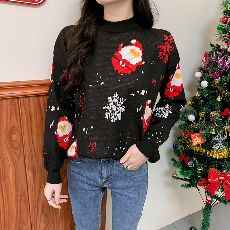Áo sweater IELGY tay dài cổ tròn in họa tiết giáng sinh màu đỏ/ đen thời trang dành cho nữ