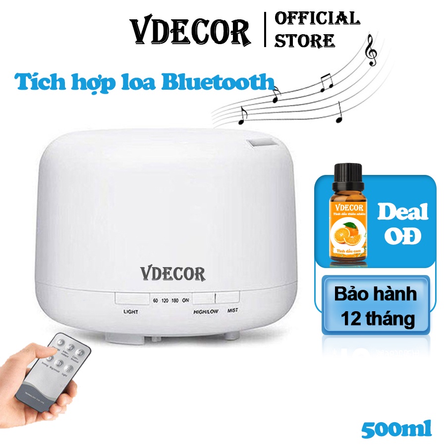 Máy xông tinh dầu Vdecor trụ Ngọc Tuyết siêu âm cao cấp tích hợp led 7 màu LOA  bluetooth | Kèm remote | TẶNG TINH DẦU