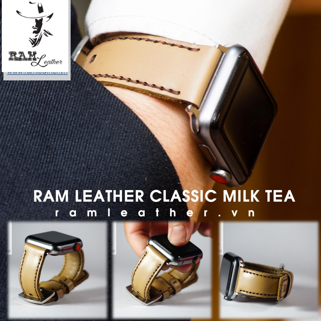 Dây đồng hồ Apple Watch , Iwatch , Iphone Watch Da Bò Màu Trà Sữa RAM Leather Bền Đẹp