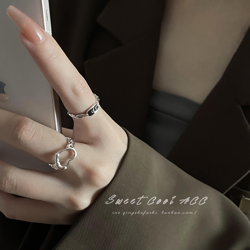 Set 2 Nhẫn Bạc Khắc Trái Tim Rỗng Có Thể Điều Chỉnh Kích Cỡ