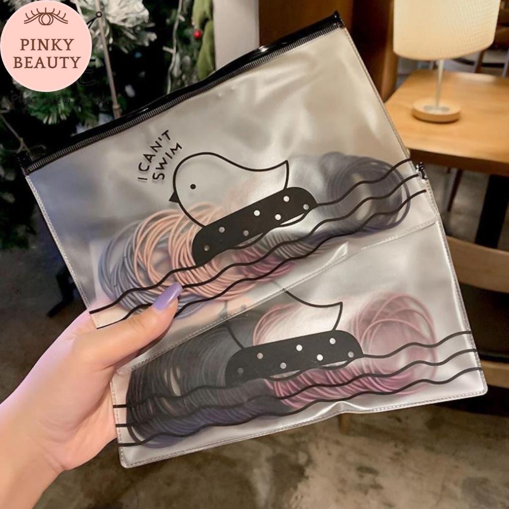 Chun Buộc Tóc Set 100 Dây Thun Cột Tóc Nhiều Màu Đơn Giản Tiện Lợi Pinky Beauty Kèm Túi Zip