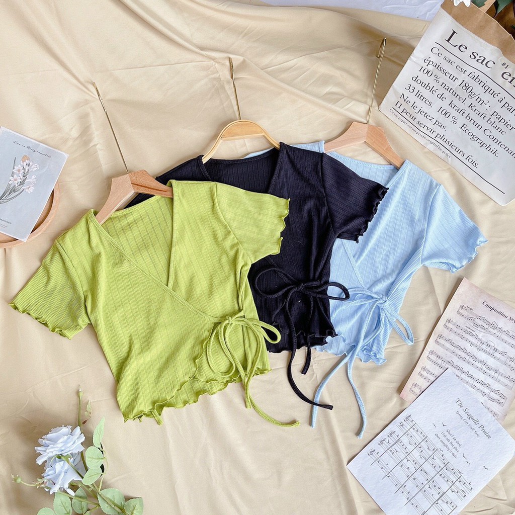 áo kiểu cổ v đắp chéo cột thun gân mềm hot hit xinh xắn