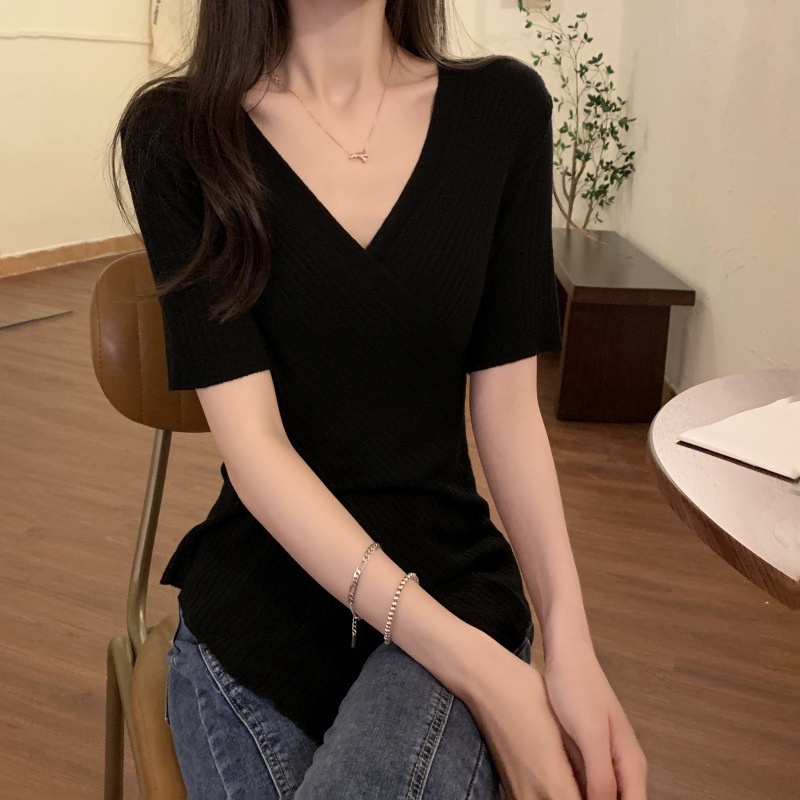 Linki ✧ Áo Dệt Kim Tay Ngắn Cổ Chữ v Thiết Kế Độc Đáo Phong Cách Hàn Quốc Thời Trang Cho Nữ