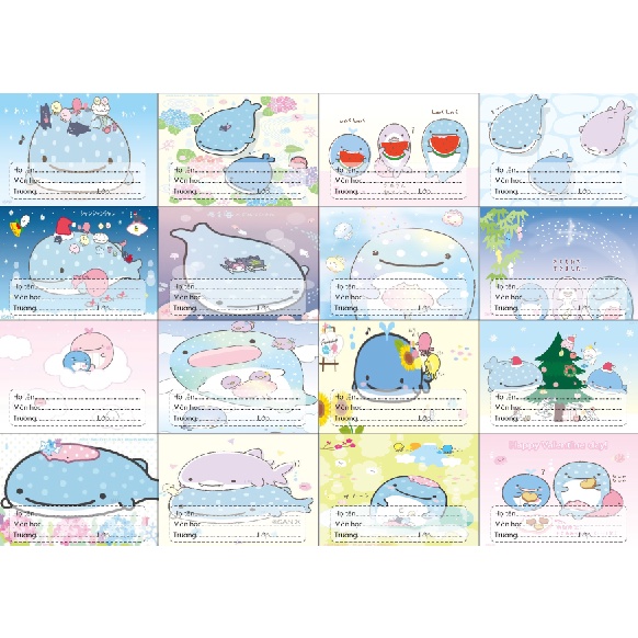 nhãn vở cá voi jinbeisan NV58 nhãn vở hoạt hình set 16 chiếc có keo dán sẵn