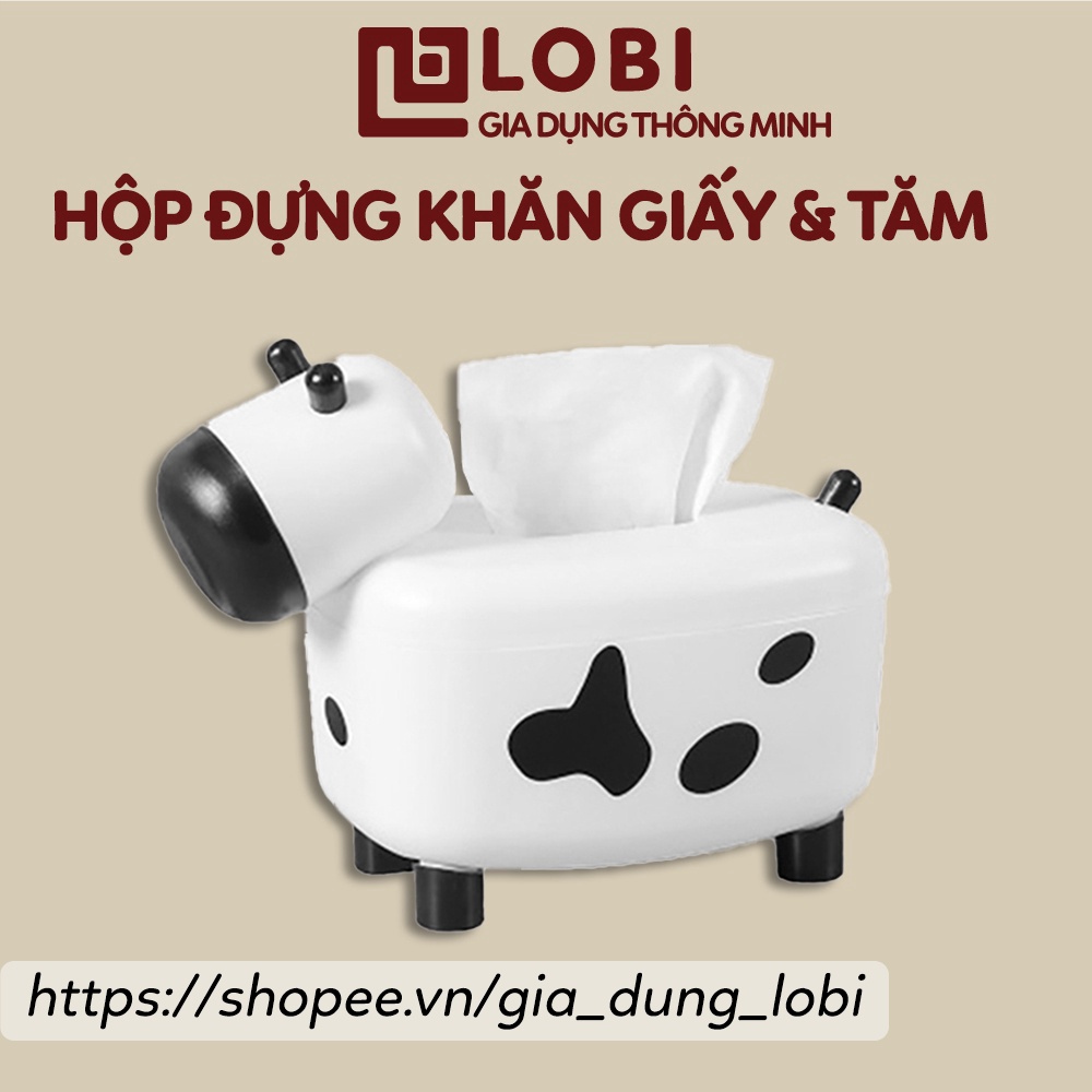 Hộp khăn giấy và lọ đựng tăm 2in1 hình bò sữa dễ thương Hộp đựng giấy ăn chất liệu nhựa PS dán decal