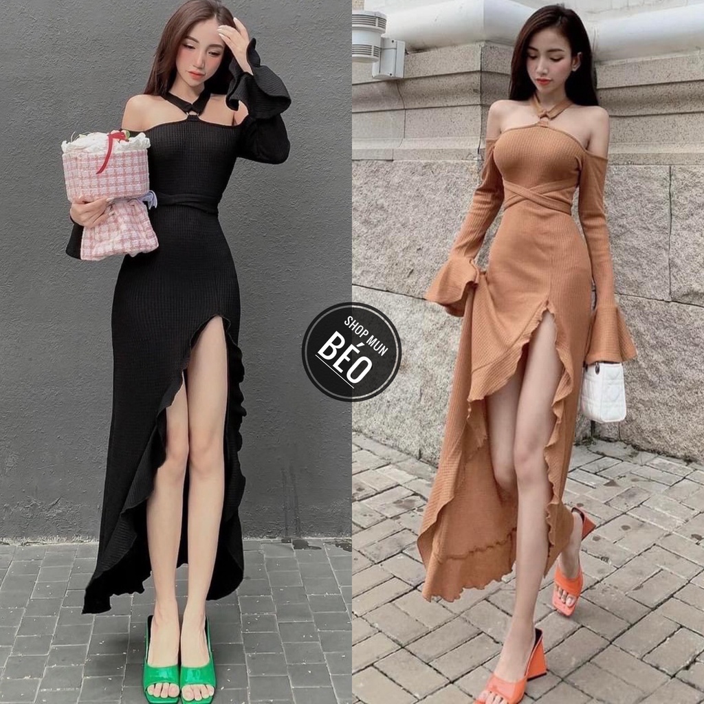 Đầm Body Dây Cổ Trễ Vai Phom Dài Tà Bèo Có Mút Ngực Chất Thun Gân Thích Hợp Mặc Đi Tiệc Đi Làm Đi Chơi