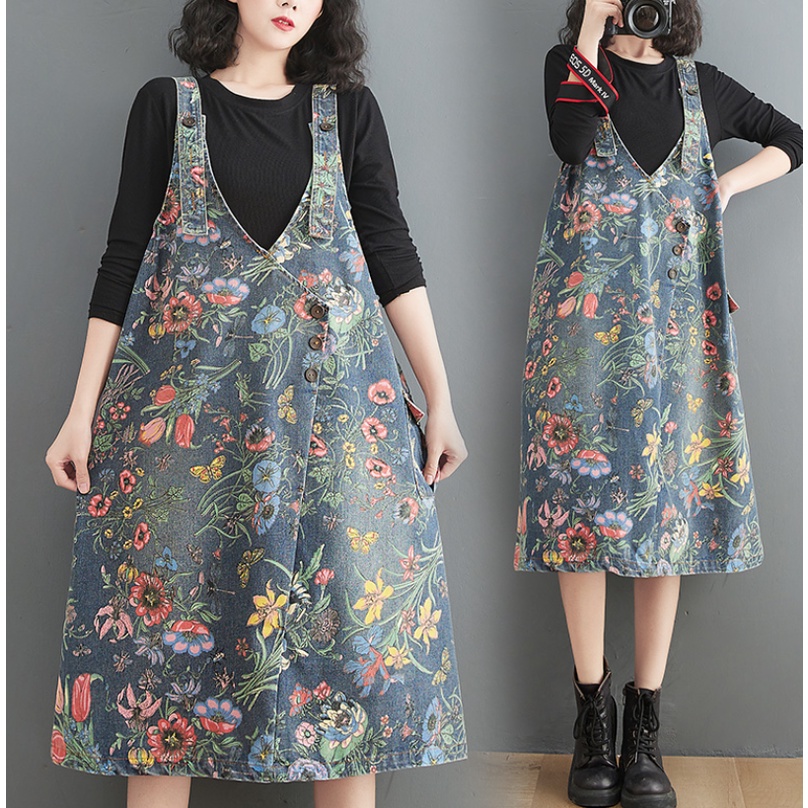 A360 Váy yếm jean bigsize freesize họa tiết hoa văn nổi kiểu dáng trẻ trung size 45-85kg