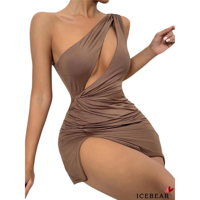 ICE-Women One Shoulder Dresses Solid Color Hollow Out Ruched Slit Bodycon Mini Short Dress for Beach, Date