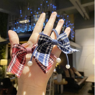Dây buộc tóc sọc ca rô hình nơ có hạt dễ thương