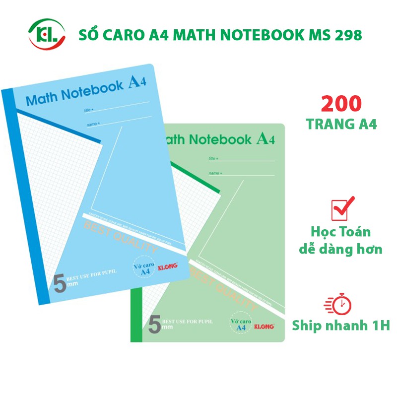 Vở Caro A4 200 trang Klong MS 298 Math Notebook học toán vẽ hình tiện lợi, vở học Klong