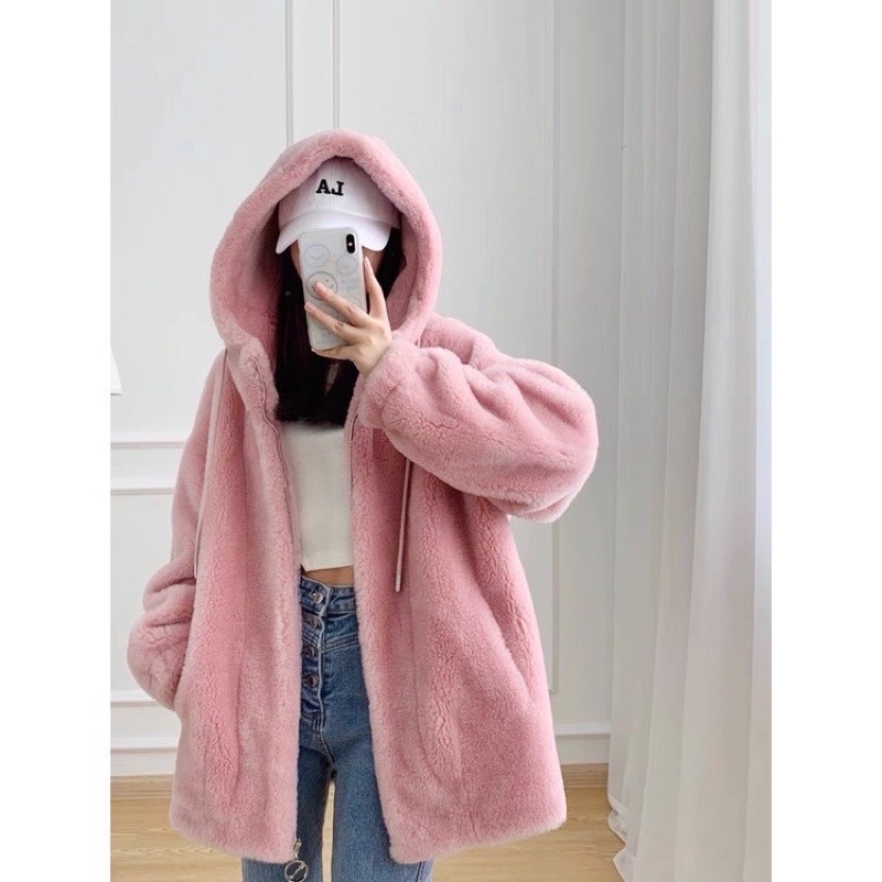 Áo Khoác Lông Xanh Và Hồng JOLIE Unisex  Khoát form rộng tay bồng kiểu dáng hàn quốc trẻ trung đẹp