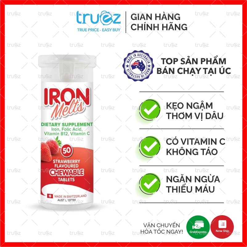 [Chính hãng] Kẹo viên ngậm bổ sung sắt, tăng máu, không táo [ÚC] Iron Melts