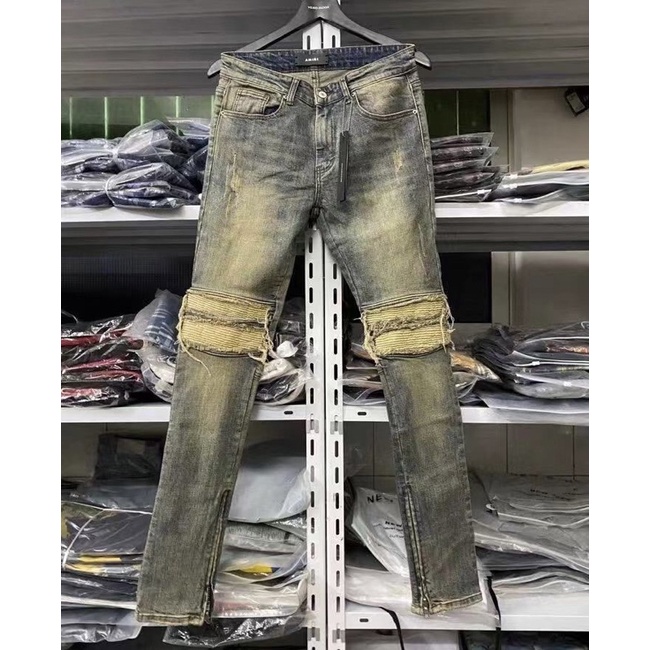 Quần jean bò nam Amiri wash xanh bụi vá vải nhăn gối rách xước viền phối thêu khoá zip ống chân QJ113P