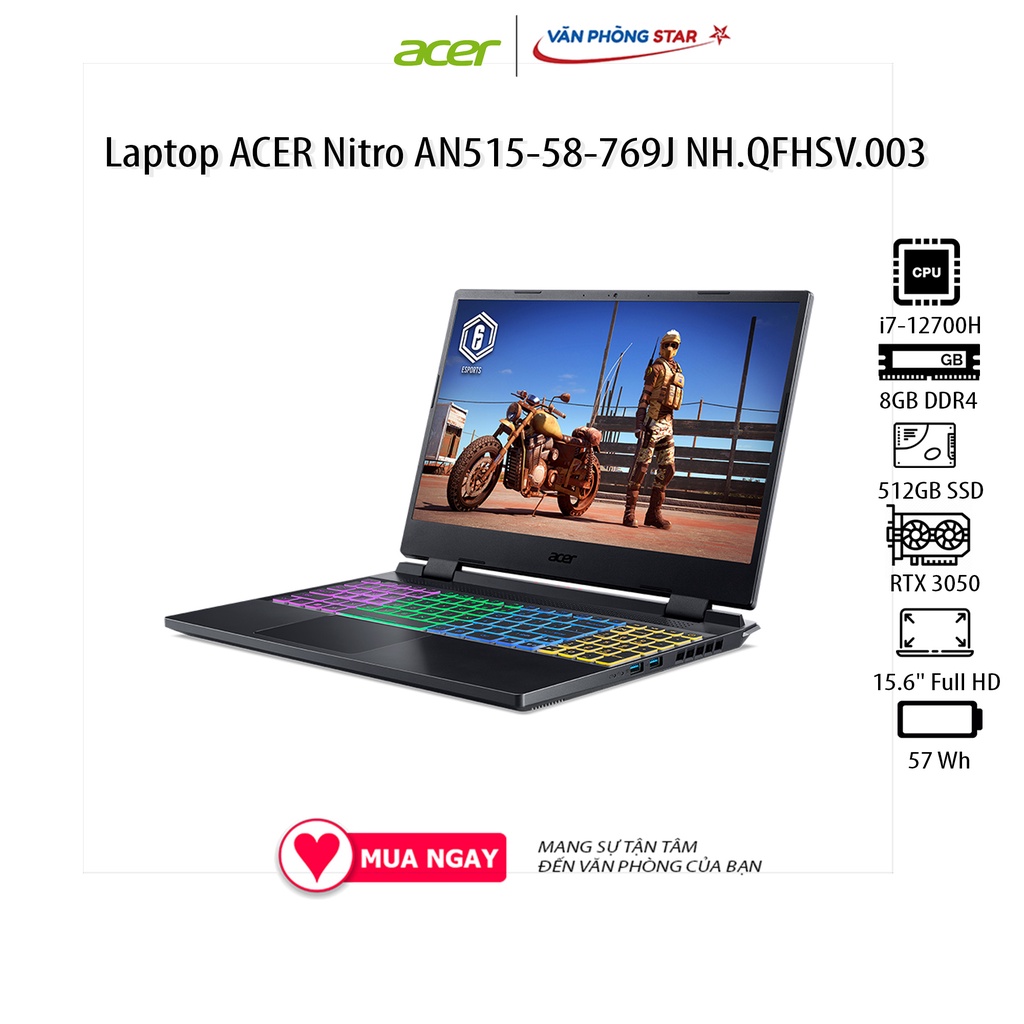 Laptop ACER Nitro AN515-58-769J NH.QFHSV.003 (15.6&quot; Full HD/ 144Hz/Intel Core i7-12700H/8GB/512GB SSD/NVIDIA RTX 3050