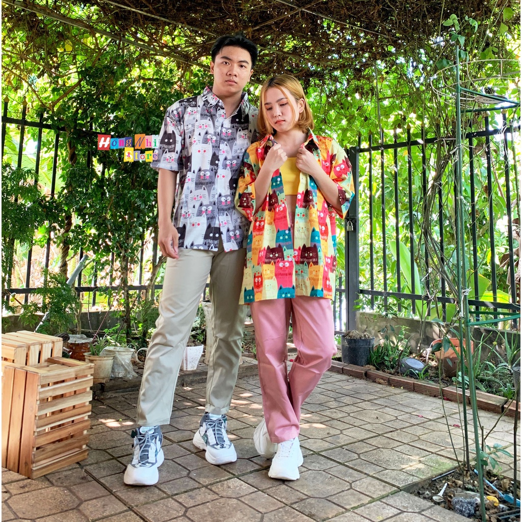 Áo Sơ Mi Họa Tiết Con Mèo May Mắn Tay Lỡ Dáng Rộng Ulzzang Unisex, Sơ Mi Đi Biển - MM